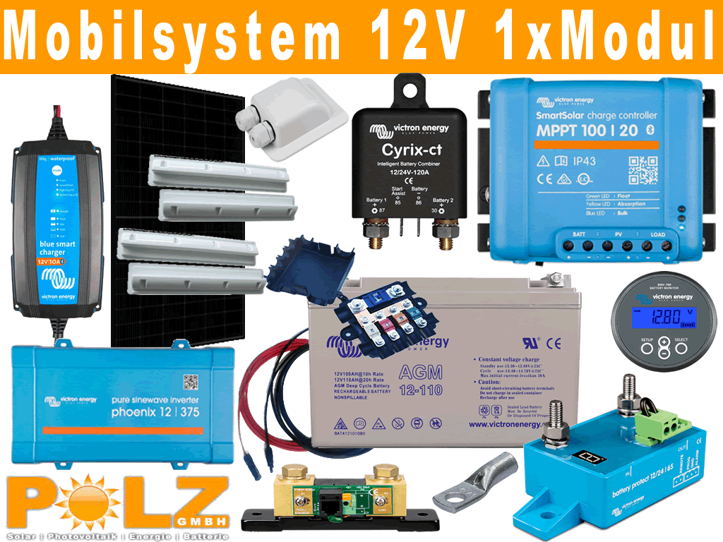 Mobilsystem 12V mit 405Wp, 110Ah AGM, 375VA Wechselrichter